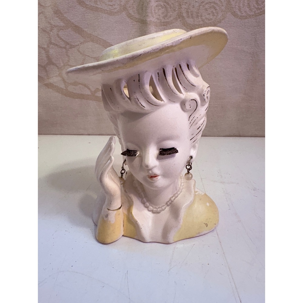Vintage Mid Century Ceramic Lady Head Vase Yellow Hat Eyelashes Pearls 1950s
